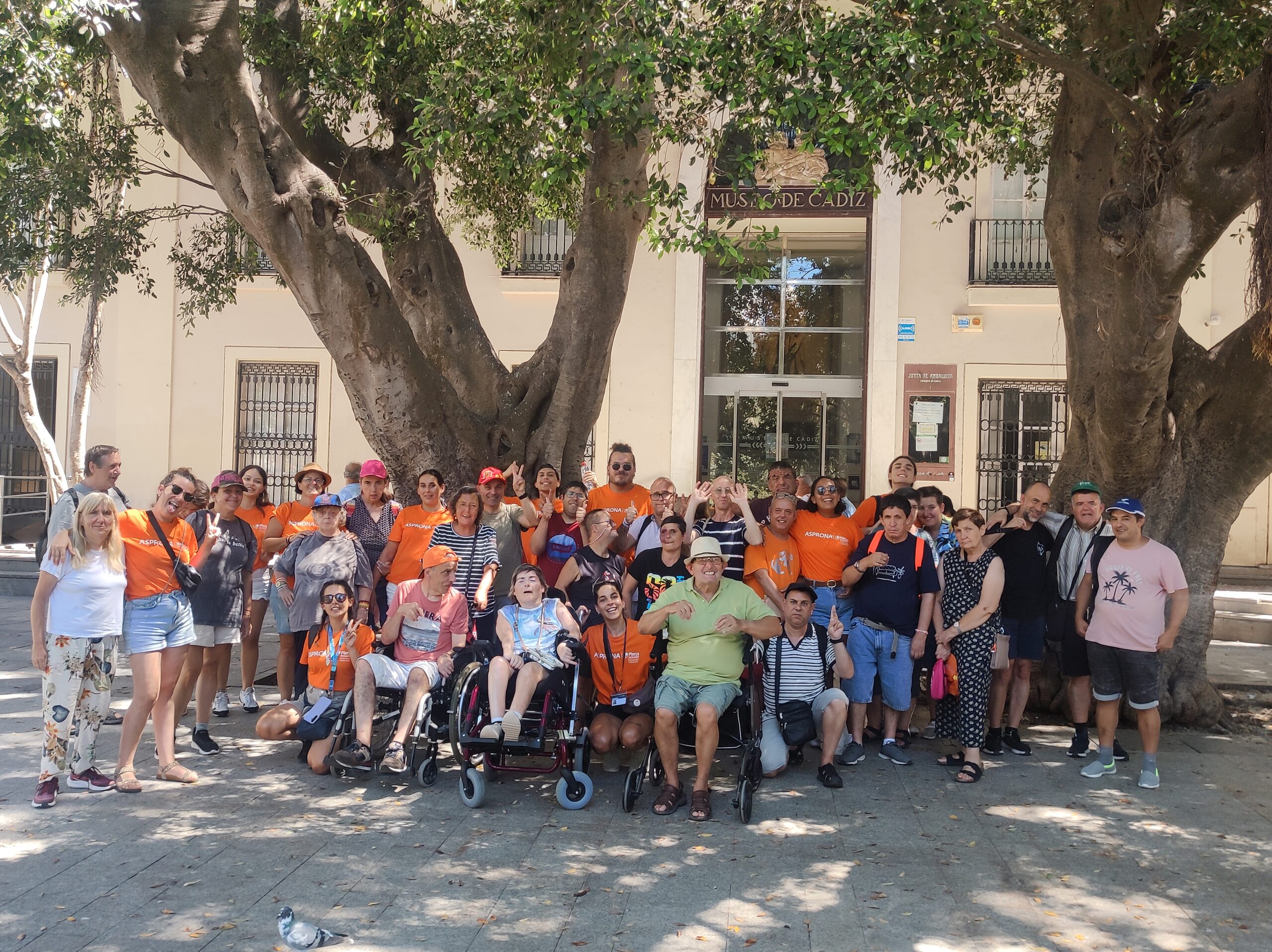 Grupo diverso de personas, entre ellas trabajadores de Asprona, personas en silla de ruedas y personas con discapacidad intelectual enfrente de la entrada del museo de Cádiz